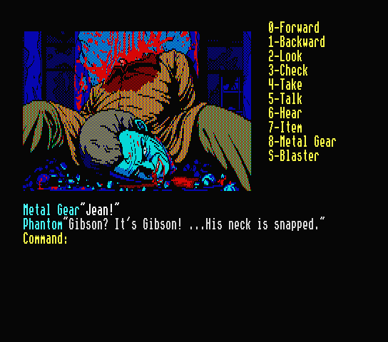 A man with his head twisted off and laid between his legs, pupils constricted, in a pool of his own blood. The image is displayed in the PC-88's limited color palette, in shades of stark red and blue.
