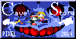 A commemorative Cave Story button. In the center, Quote and Curly Brace fire lightning bolts back-to-back, with Ballos, in his second form, shaded a deep blue, watching in the background. The top reads, 'Cave Story'; the bottom reads 'Pixel 2004'.