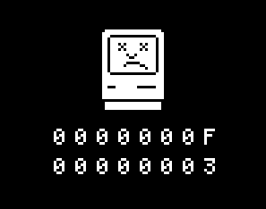 The Apple Macintosh's crash screen, featuring a computer with exes in its eyes.