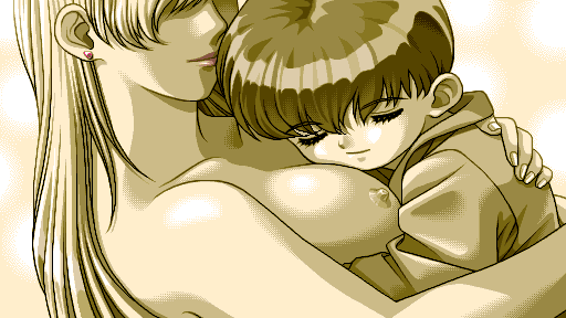 Baby Takuya held against his mother's breast; her nipple is dead center.