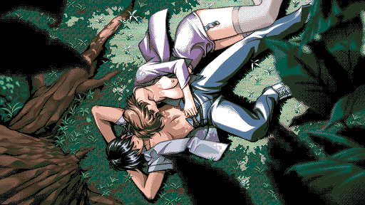 Takuya and Mitsuki lie under the trees, happily huddled together.