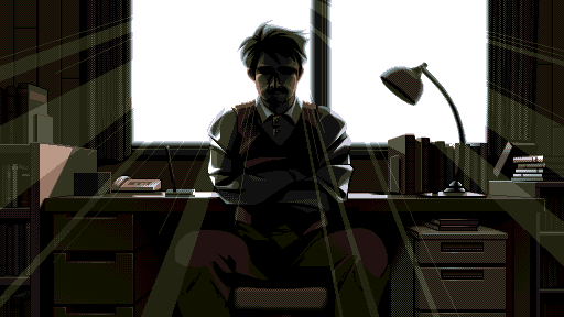 Dr. Arima turns from a desk to face you. Light streams in from the window ahead, casting a shadow over his face.