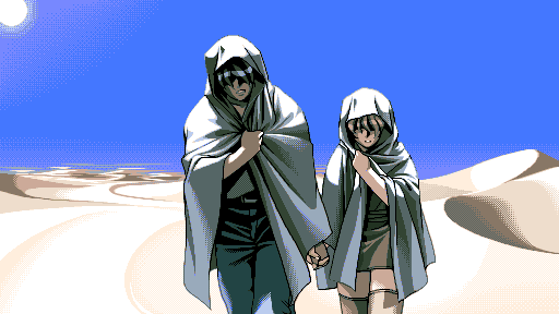 Takuya and Yu-no cross an endless stretch of dunes under a blazing sun, dressed in white hoods and holding hands.