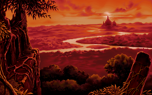 An ancient city nestled in the jungle, set against a brilliant sunset that tints the whole scene red.