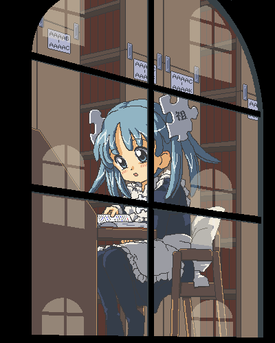 Wikipe-tan, mascot of Wikipedia, reads at a desk in the Library of Babel.